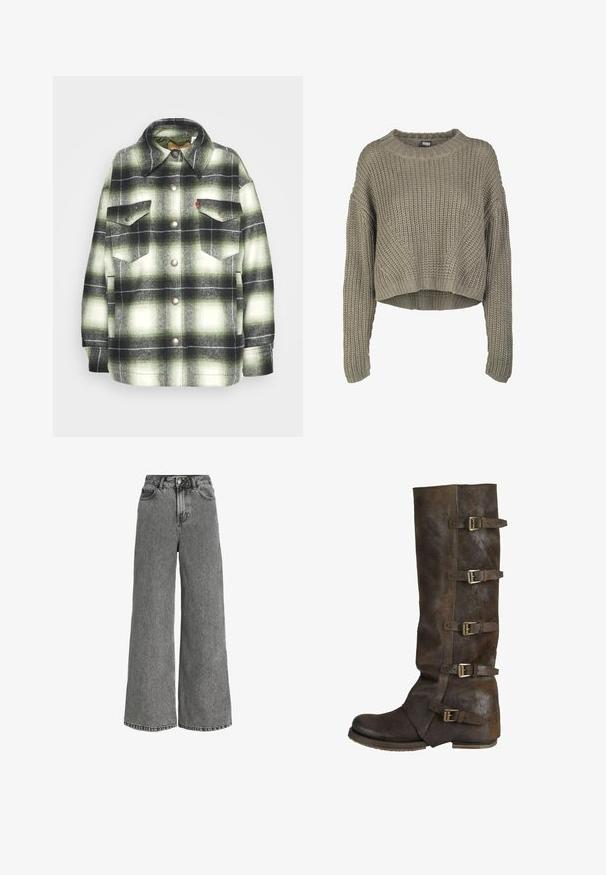 Sort og grønternet flannel skjorte med to brystlommer, metalknapper og spidse kraver. Blød tekstur med en vintage stil.; Olivengrøn, kort striktrøje med et tekstureret mønster, rund hals og lange ærmer. Tykt ribkant ved kanten og ærmerne.; Grå jeans i denimbred ben, høj talje med knapper foran, lynlås og fem-lomme-design.; Brune læder knæhøje støvler med en struktureret overflade, der har fire justerbare spænder på siden og en rund tådesign.