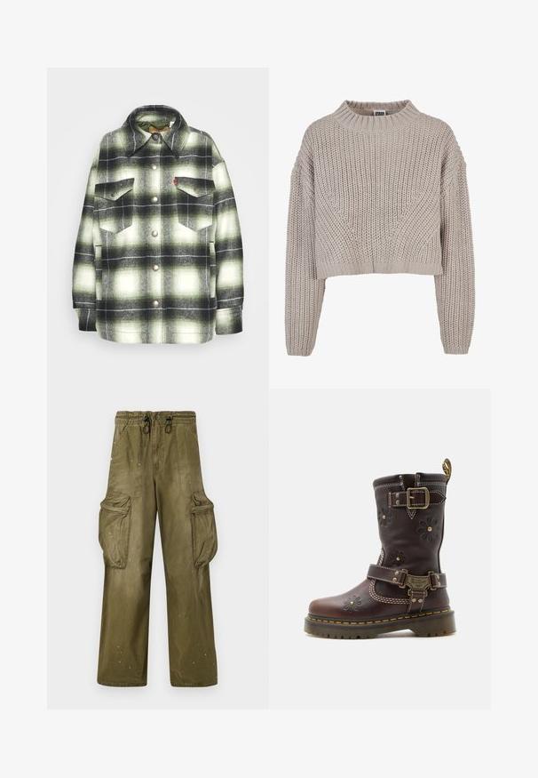 Sort og grønternet flannel skjorte med to brystlommer, metalknapper og spidse kraver. Blød tekstur med en vintage stil.; Beige chunky strikket cropped sweater med lange ærmer og ribbet rund halsudskæring samt manchetter.; Olivengrønne cargobukser med en afslappet pasform, elastisk talje, snøre, to sidelommer og to store cargolommer. Let slid.; Brun læderstøvle til midt på læggen med præget blomstermønster, to justerbare messing spænder, gul syning og robust sål.