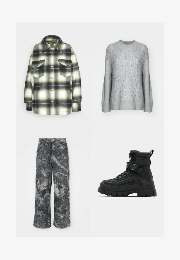 Schwarzes und grünes Karo-Flanellhemd mit zwei Brusttaschen, Metallknöpfen und einem spitzen Kragen. Weicher Stoff mit Vintage-Stil.; Hellgrauer gestrickter Pullover mit Wellenmuster, runder Ausschnitt und langen Ärmeln mit geripptem Saum und Bündchen.; Cargohosen mit Camouflage-Muster in dunklem Grau und Grüntönen, mit Knopfverschluss und Seitentaschen. Hergestellt aus strukturierter Denim-Stoff.; Schwarze Knöchelstiefel mit strukturiertem Obermaterial, dicker Sohle, Schnürverschluss vorne und verstellbarem Riemen mit Logo-Detail. Gummisohle mit ausgeprägtem Profil.
