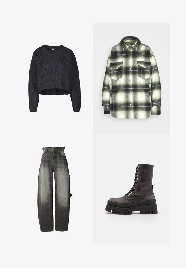 Chemise en flanelle à carreaux noirs et verts avec deux poches poitrine, boutons en métal et col pointu. Texture douce avec un style vintage.; Pull en maille noire coupé, présentant un tissu texturé, un col rond et des manches longues amples.; Jean noir délavé coupe large avec taille haute, poches avant et passants de ceinture, avec un détail de poche sur la jambe droite.; Bottes chelsea en cuir noir avec une semelle épaisse, bout rond et œillets en métal pour les lacets. Fini texturé qui ajoute un intérêt visuel.
