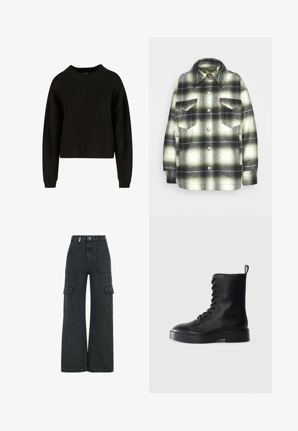 Chemise en flanelle à carreaux noirs et verts avec deux poches poitrine, boutons en métal et col pointu. Texture douce avec un style vintage.; Pull en tricot noir à texture côtelée, col rond et manches longues. Design court avec une coupe ample. Pas de motifs ni de matériel visible.; Pantalons cargo en denim noir à jambes larges, avec deux grandes poches latérales, une fermeture à bouton et des détails de couture visibles.; Botte en cuir noir mi-mollet à lacets avec une semelle épaisse et une languette, ornée d'un subtil logo "CK" près du talon supérieur.