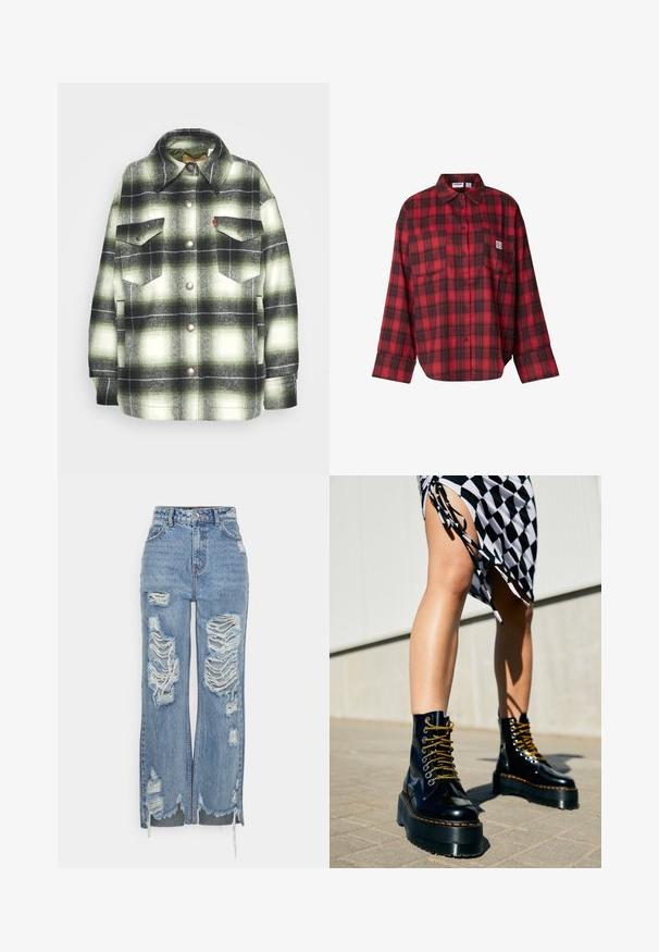 Sort og grønternet flannel skjorte med to brystlommer, metalknapper og spidse kraver. Blød tekstur med en vintage stil.; Rød og sort ternet flannelsskjorte med lange ærmer, knaplukning foran, to brystlommer, blød tekstur, afslappet pasform, rektangulært design.; Blå højtaljede jeans lavet af denim, med store slidte lapper, rå kant og en løs pasform med sideslids ved anklerne.; Sorte læder platform støvler med chunky såler, guld snørebånd og orange syninger, kombineret med en ternet nederdel med en sideslids.
