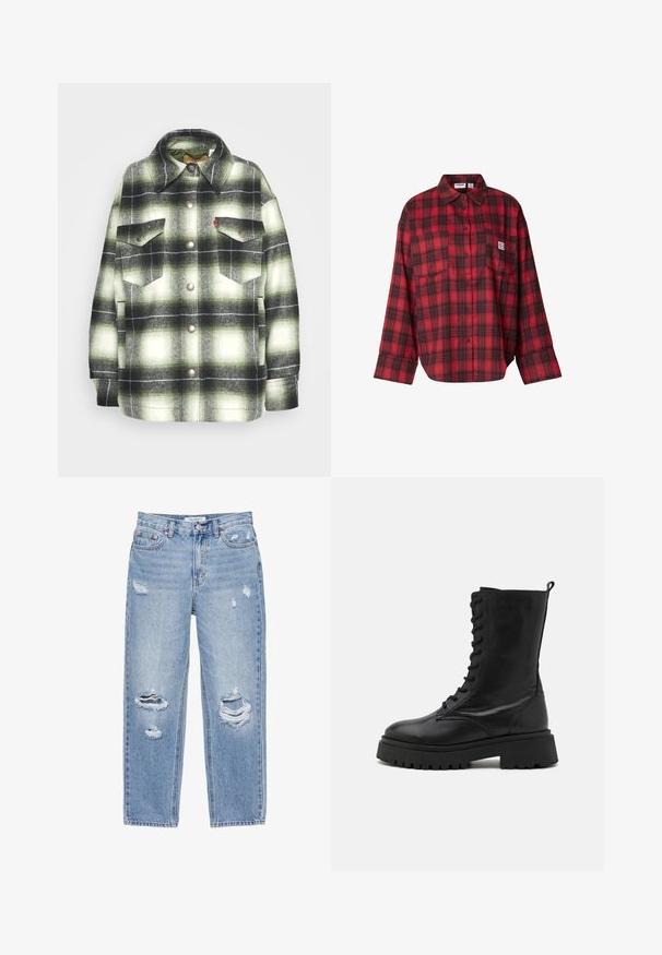 Sort og grønternet flannel skjorte med to brystlommer, metalknapper og spidse kraver. Blød tekstur med en vintage stil.; Rød og sort ternet flannelsskjorte med lange ærmer, knaplukning foran, to brystlommer, blød tekstur, afslappet pasform, rektangulært design.; Lyseblå jeans med lige ben, slidte huller på begge ben, fem-lommer-stil og knaplukning i taljen.; Sort læderkamp støvle med snørebåndsfront, rund tå, kraftig sål og hæklet ved bagenden. Teksturfinish og solid konstruktion.