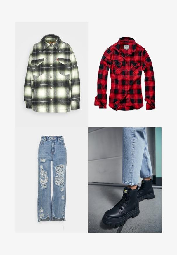 Sort og grønternet flannel skjorte med to brystlommer, metalknapper og spidse kraver. Blød tekstur med en vintage stil.; Rød og sort ternet flannel skjorte med lange ærmer, to brystlommer, spids krave og knaplukning foran. Blød stof tekstur.; Blå højtaljede jeans lavet af denim, med store slidte lapper, rå kant og en løs pasform med sideslids ved anklerne.; Person iført lyseblå jeans og sorte chunky snørestøvler, der står på et betongulv nær en væg.