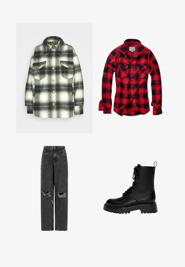 Chemise en flanelle à carreaux noirs et verts avec deux poches poitrine, boutons en métal et col pointu. Texture douce avec un style vintage.; Chemise en flanelle à carreaux rouges et noirs, à manches longues, avec deux poches poitrine, un col pointu et une fermeture à boutons sur le devant. Tissu doux au toucher.; Jean noir taille haute, large, avec des genoux déchirés et des détails usés sur fond blanc.; Botte de cheville noire à lacets en cuir synthétique, dotée d'une semelle épaisse, d'une languette et de détails de couture prononcés.