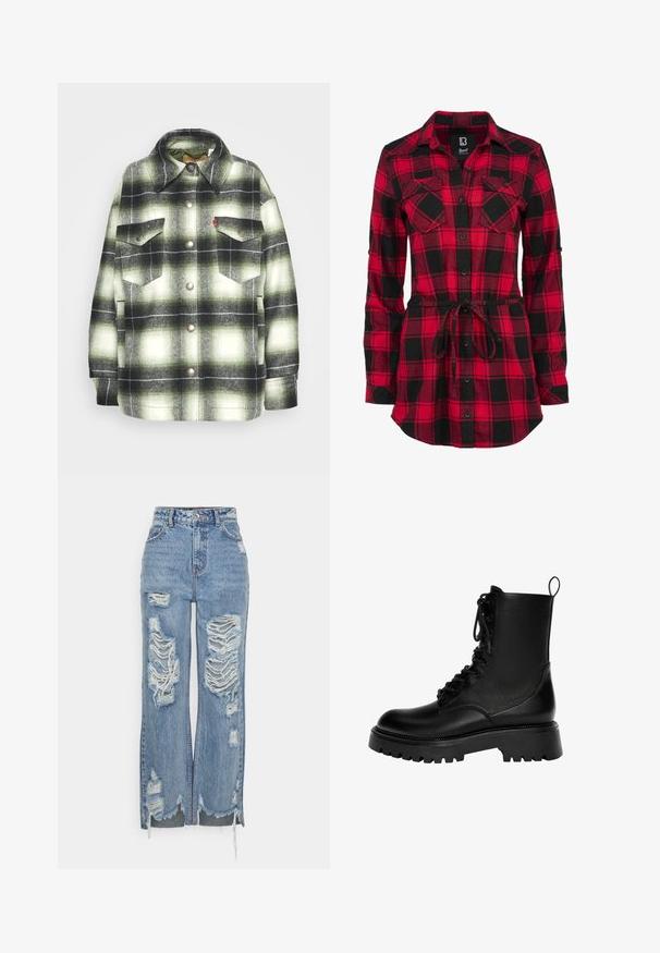 Sort og grønternet flannel skjorte med to brystlommer, metalknapper og spidse kraver. Blød tekstur med en vintage stil.; Rød og sort ternet flannel skjorte med lange ærmer, knaplukning foran, to brystlommer og en bundet talje for justerbar pasform.; Blå højtaljede jeans lavet af denim, med store slidte lapper, rå kant og en løs pasform med sideslids ved anklerne.; Sorte snørebånd ankelstøvler lavet af syntetisk læder, med en kraftig sål, trækstrop og fremtrædende syninger.