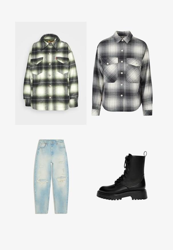 Sort og grønternet flannel skjorte med to brystlommer, metalknapper og spidse kraver. Blød tekstur med en vintage stil.; Rutet flannel skjorte i sort, hvid og grå. Har knaplukning foran, to brystlommer og lange ærmer med knapmansjetter.; Lyseblå jeans med høj talje med slidte revner på lårene og knæene, forlommer og lukning med knap.; Sorte snørebånd ankelstøvler lavet af syntetisk læder, med en kraftig sål, trækstrop og fremtrædende syninger.