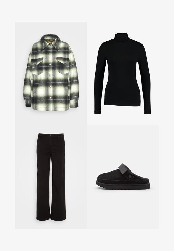 Sort og grønternet flannel skjorte med to brystlommer, metalknapper og spidse kraver. Blød tekstur med en vintage stil.; Sort langærmet turtleneck top lavet af glat stof, med et tætsiddende design og høj hals, velegnet til lag-på-lag brug eller som en selvstændig beklædningsgenstand.; American Eagle BAGGY WIDE LEG - Wide leg - black wash; Sorte ruskindssandaler med rund tå, blød tekstur, justerbar rem og en tyk gummisål med mønstret slidbane for godt greb.