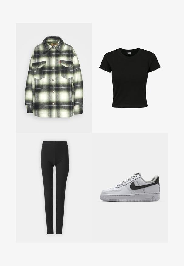 Zwart en groene geruite flanellen shirt met twee borstzakken, metalen knopen en een gespitse kraag. Zachte textuur met een vintage stijl.; Zwarte kortekorte mouw t-shirt van gladde katoenen stof, met een ronde halslijn en een getailleerde pasvorm. Geen zichtbare patronen of accenten.; Zwarte, rekbare leggings met een strakke pasvorm, uitgerust met een hoge tailleband en een gladde textuur. Geen zichtbare patronen of hardwaredetails.; Witte leren sneaker met grijze accenten, ronde neus, textuur op het oppervlak, gewatteerde kraag en contrasterend zwart swoosh-logo. Luchtkussen zool.