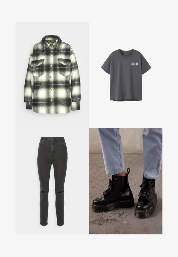 Zwart en groene geruite flanellen shirt met twee borstzakken, metalen knopen en een gespitse kraag. Zachte textuur met een vintage stijl.; Donkergrijze katoenen t-shirt met korte mouwen en een ronde hals, voorzien van een witte "NIRVANA" graphic op de linkerkant van de borst.; Cotton On CURVY SKINNY - Jeans Skinny Fit - graphite black rip; Persoon draagt lichtblauwe spijkerbroek en zwarte leren veterplatformlaarzen met gele stiksels op een betonnen vloer.
