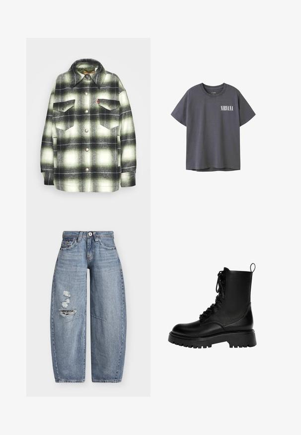 Chemise en flanelle à carreaux noirs et verts avec deux poches poitrine, boutons en métal et col pointu. Texture douce avec un style vintage.; T-shirt en coton gris foncé à manches courtes et col rond, avec un graphique blanc "NIRVANA" sur la zone gauche de la poitrine.; Jean en denim bleu à jambes larges, taille haute avec des déchirures usées sur la cuisse gauche, avec poches avant et passants de ceinture.; Botte de combat noire en cuir à lacets avec semelle épaisse crantée et boucle d'aide à l'enfilage à l'arrière, vue de profil sur fond blanc.