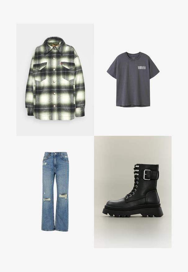 Zwart en groene geruite flanellen shirt met twee borstzakken, metalen knopen en een gespitse kraag. Zachte textuur met een vintage stijl.; Donkergrijze katoenen t-shirt met korte mouwen en een ronde hals, voorzien van een witte "NIRVANA" graphic op de linkerkant van de borst.; Lichtblauwe denim jeans met een hoge taille, wijde pasvorm, verwaschte scheuren bij de knieën en een klassieke vijf-pocketontwerp.; Zwarte leren gevechtslaars met dikke profielzool, veters aan de voorkant, metalen oogjes en enkelriem met zilveren gesp op een beige achtergrond.