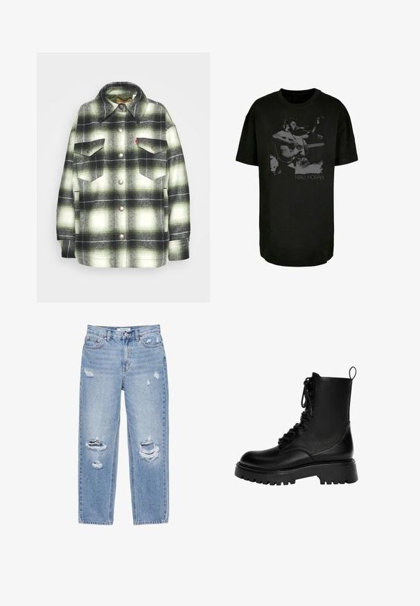 Sort og grønternet flannel skjorte med to brystlommer, metalknapper og spidse kraver. Blød tekstur med en vintage stil.; Sort bomulds t-shirt med et monochromt grafik af en musiker med en akustisk guitar, inklusive teksten "Niall Horan" nederst.; Lyseblå jeans med lige ben, slidte huller på begge ben, fem-lommer-stil og knaplukning i taljen.; Sorte snørebånd ankelstøvler lavet af syntetisk læder, med en kraftig sål, trækstrop og fremtrædende syninger.