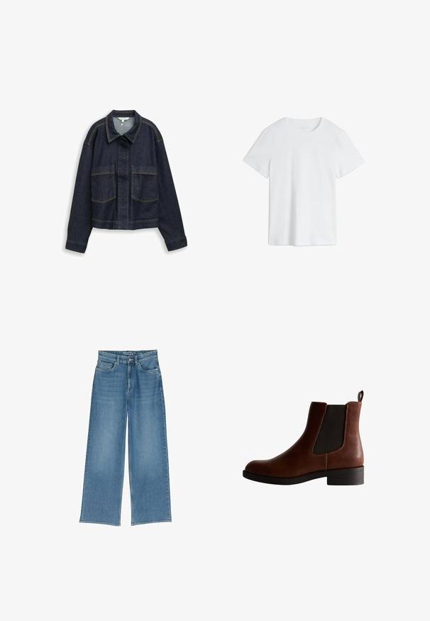 Dunkelblaue Jeansjacke mit langen Ärmeln, Brusttaschen, Kragen und sichtbaren gelben Nähten, dargestellt vor weißem Hintergrund.; Ein schlichtes weißes T-Shirt mit kurzen Ärmeln und Rundhalsausschnitt in regulärer Passform auf weißem Hintergrund.; Helle blaue weit geschnittene Denim-Jeans mit hoher Taille, fünf Taschen und sichtbaren Nähten; der Stoff hat eine leicht strukturierte Oberfläche.; Braune Lederknöchelstiefel mit elastischen Seitenpaneelen, runder Zehenpartie und niedrigem Blockabsatz. Mit kontrastierenden Nähten und einer Zuglasche.