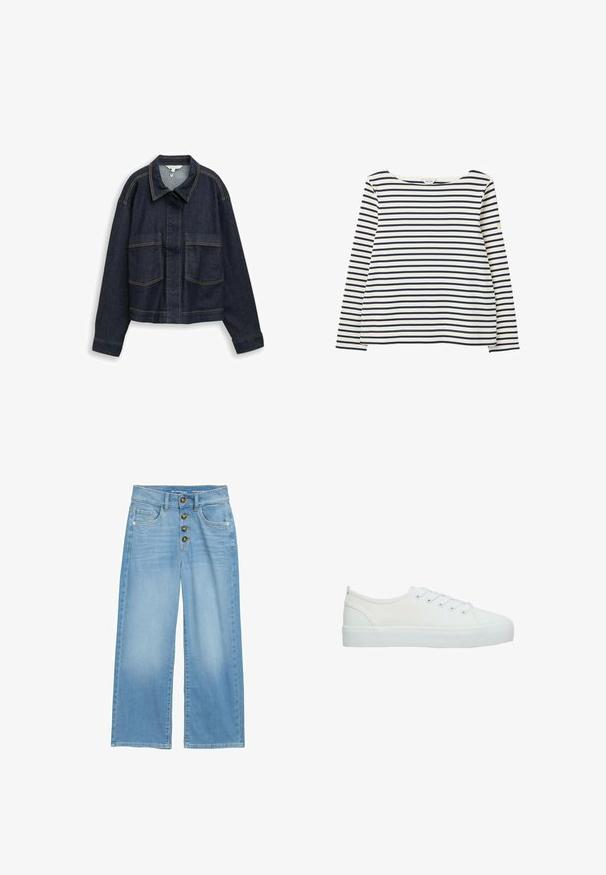 Dunkelblaue Jeansjacke mit langen Ärmeln, Brusttaschen, Kragen und sichtbaren gelben Nähten, dargestellt vor weißem Hintergrund.; Weißes Langarmhemd mit horizontalen dunkelblauen Streifen und rundem Ausschnitt, flach auf weißem Hintergrund liegend.; Helle blaue Hochbund-Jeans im weit geschnittenen Stil aus Denim, mit einer fünfknöpfigen Verschlussleiste und zwei vorderen Taschen. Vielseitige, glatte Textur.; Low-Top weißer Leinenschuh mit weißen Schnürsenkeln, dicker Gummisohle und strukturierter Zehenkappe, von der Seite auf weißem Hintergrund dargestellt.