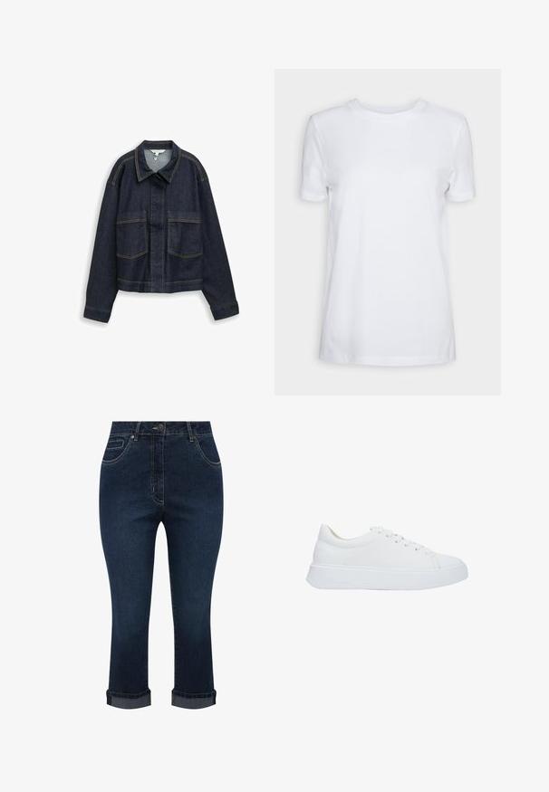 Dunkelblaue Jeansjacke mit langen Ärmeln, Brusttaschen, Kragen und sichtbaren gelben Nähten, dargestellt vor weißem Hintergrund.; Schlichtes weißes T-Shirt mit kurzen Ärmeln und Rundhalsausschnitt, normaler Passform und einem kleinen Innenhalsetikett mit der Aufschrift „SELECTED FEMME.“; Dunkelblaue, kurze Jeans aus Denim mit Fronttaschen, Knopfverschluss und umgekrempelten Säumen.; Weiße Leder-Sneaker mit runder Zehenpartie, flachen Schnürsenkeln und einer dicken Gummisohle. Glatte Oberfläche mit minimalen Nähdetails.