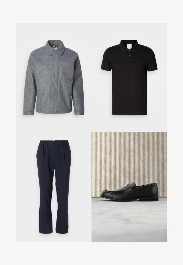 Grau, mit Fischgrätmuster versehene Jacke mit kragenförmigem Ausschnitt und langen Ärmeln. Verfügt über einen geraden Schnitt und ein sauberes, minimalistisches Design.; Schwarzes Poloshirt aus glattem Stoff mit klassischem Kragen. Verfügt über zwei Knöpfe am Hals, kurze Ärmel und ein dezentes Logo auf der Brust.; Himmelblaues Hosen aus weichem Stoff mit einem elastischen Bund, ausgestattet mit vorderen Falten und einem geraden Bein-Design.; Schwarzer Lederloafer mit einer Metallmarkenplatte, der nahe einem braunen runden Tisch auf beigem Teppichboden ruht.