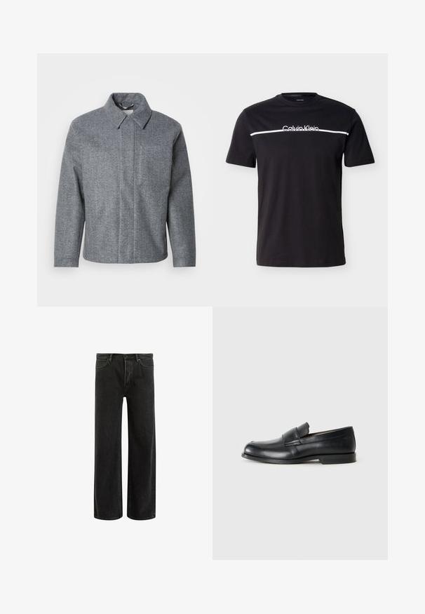 Grau, mit Fischgrätmuster versehene Jacke mit kragenförmigem Ausschnitt und langen Ärmeln. Verfügt über einen geraden Schnitt und ein sauberes, minimalistisches Design.; Schwarzes T-Shirt mit kurzen Ärmeln, einem weißen horizontalen Streifen über der Brust und dem "Calvin Klein"-Logo mittig oberhalb des Streifens.; Schwarze, weit geschnittene Jeans aus Denim mit hoher Taille, im klassischen Fünf-Taschen-Design und subtilem Verblassen für eine strukturierte Optik.; Schwarze Leder-Loeffler mit abgerundetem Zehenbereich, gesteppten Details und einer flachen Gummisohle. Verfügt über ein breites Band über dem Fußrücken.
