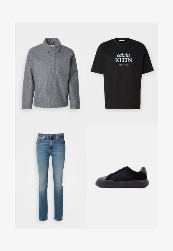 Grau, mit Fischgrätmuster versehene Jacke mit kragenförmigem Ausschnitt und langen Ärmeln. Verfügt über einen geraden Schnitt und ein sauberes, minimalistisches Design.; Schwarzes T-Shirt mit kurzen Ärmeln und dem weißen Aufdruck "calvin KLEIN" und "NEW YORK" in der vorderen Mitte.; Hellblaue Jeans aus Denim im Slim-Fit, mit fünf Taschen, einem vorderen Knopfverschluss und minimaler Verblassung für ein sauberes Erscheinungsbild.; Schwarzer Sneaker in Low-Top-Design mit dicker Sohle, Schnürverschluss vorne und dezente "cK"-Logo auf der Seitenpaneele.