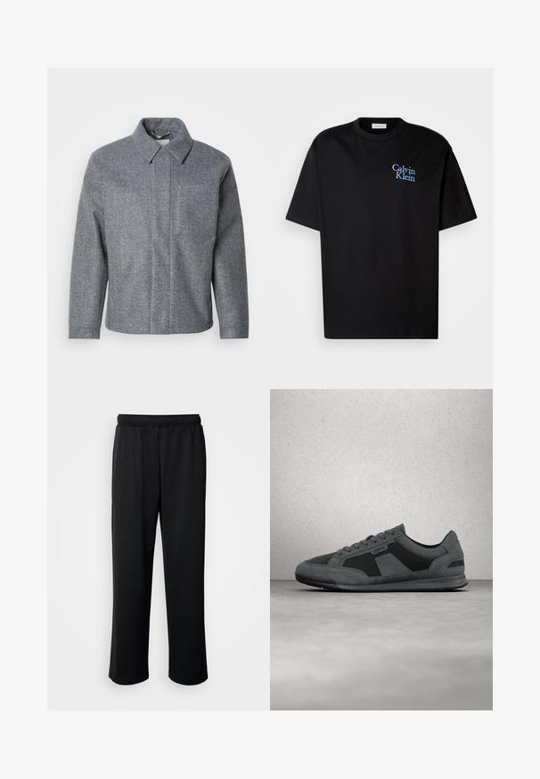 Grijze jas met visgraatmotief, met een kraag en lange mouwen. Heeft een rechte snit en een schoon, minimalistisch ontwerp.; Zwarte katoenen T-shirt met een relaxte pasvorm, met korte mouwen en een blauwe geborduurde "Calvin Klein" logo op de borst.; Zwarte sportbroek van zachte, ademende stof. Beschikt over een elastische tailleband en rechte pijpen zonder opvallende accenten of patronen.; Grijze sportschoen met een combinatie van suède en synthetische materialen, een vetersluiting en een textuurzool voor betere grip.