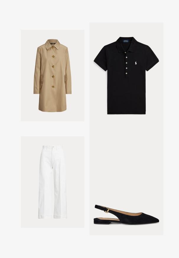 Beige enkelrijige trenchcoat met vijf bruine knopen, puntkraag, lange mouwen en twee klepzakken met knoopsluiting.; Zwarte polo met korte mouwen, witte knopen, een kraag en een wit geborduurd Polo Ralph Lauren-logo op de linkerborst.; Witte wijde broek van katoen, met een hoge taille, knoopsluiting en subtiele plooi lijnen aan de voorkant.; Zwarte suède platte slingback met spitse neus, lage hak en verstelbare gouden gesp.