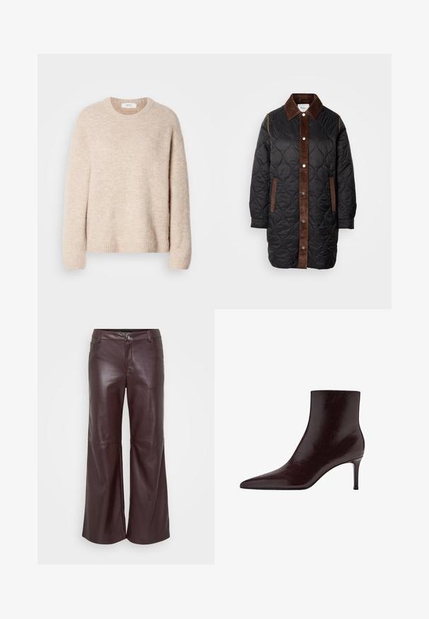 Quiltet sort jakke med en brun kordfløjlskrave og frontlåg, som har sidelommer og trykknaplukninger fortil.; Beige strikket sweater med rund hals, lange ærmer og ribkant. Blødt, tekstureret stof med en afslappet pasform.; Bordeaux læder brede bukser med en glat tekstur, der har en frontlukning med knap, bæltestropper og to sidelommer.; Bordeaux læder ankelstøvle med spids tå, slankt design og høj stilettohæl. Glat tekstur med subtile korndetaljer.