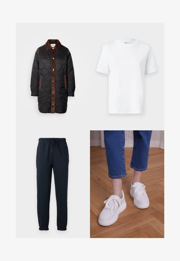 Chaqueta negra acolchada con un cuello de pana marrón y tapeta delantera, que cuenta con bolsillos laterales y cierres a presión en la parte delantera.; Camiseta de algodón blanca de cuello redondo con mangas cortas y una textura suave. Diseñada con un ajuste relajado para mayor comodidad y versatilidad.; Pantalones deportivos negros con cintura elástica, cordón, bolsillos laterales y puños elásticos en los tobillos.; Piernas con vaqueros azules recortados y zapatillas blancas con cordones y plataforma, de pie sobre un suelo de madera clara.