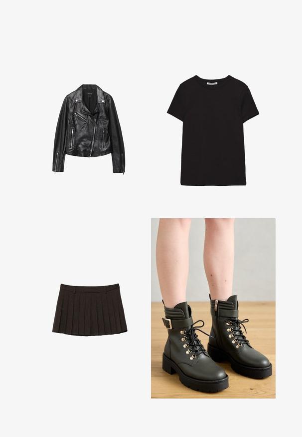 Schwarze Lederbikerjacke mit asymmetrischem Frontreißverschluss, Reißverschluss-Taschen und Druckknopfkragen auf einem weißen Hintergrund.; Schwarzes, kurzärmliges Baumwoll-T-Shirt mit rundem Halsausschnitt, Standardpassform und sichtbarem innerem Nackenetikett.; Schwarzer plissierter Minirock mit Gürtelschlaufen und strukturierter Taille auf weißem Hintergrund.; Dunkelgrüne Stiefeletten aus glattem Leder mit Schnürsenkeln, goldfarbenen Ösen und einem seitlichen Reißverschluss, ausgestattet mit einer klobigen, schwarzen Profilsohle.
