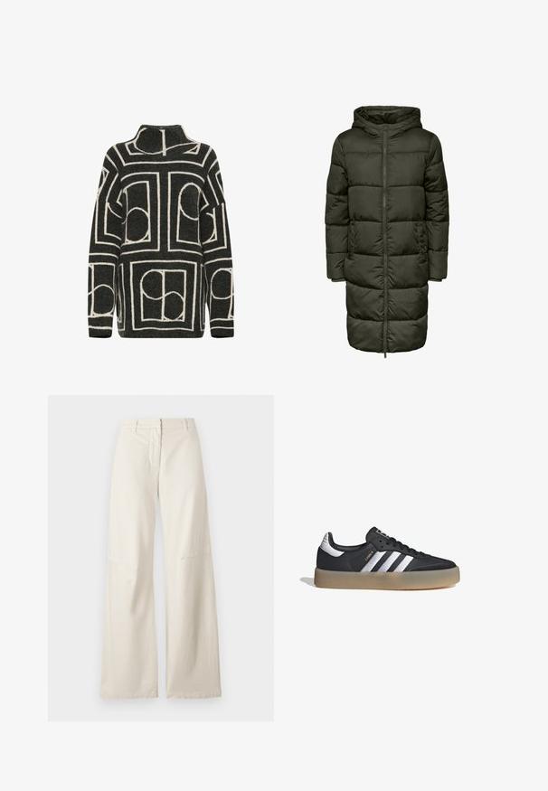 Abrigo acolchado largo en verde oscuro, con capucha, cierre de cremallera y puños elásticos. Fabricado en material aislante, proporciona calidez y comodidad.; Suéter de punto en gris oscuro con un corte oversize, que presenta un patrón geométrico en crema de círculos y rectángulos. Diseño de cuello alto.; Pantalones de pierna ancha en una tela de algodón color crema. Presentan una cintura alta, un diseño estructurado y detalles de costura mínimos. Parte delantera plana con bolsillos.; Zapatilla deportiva de cuero negro con tres rayas plateadas, punta texturizada y suela de goma. Cuenta con un collar acolchado y un diseño con cordones.