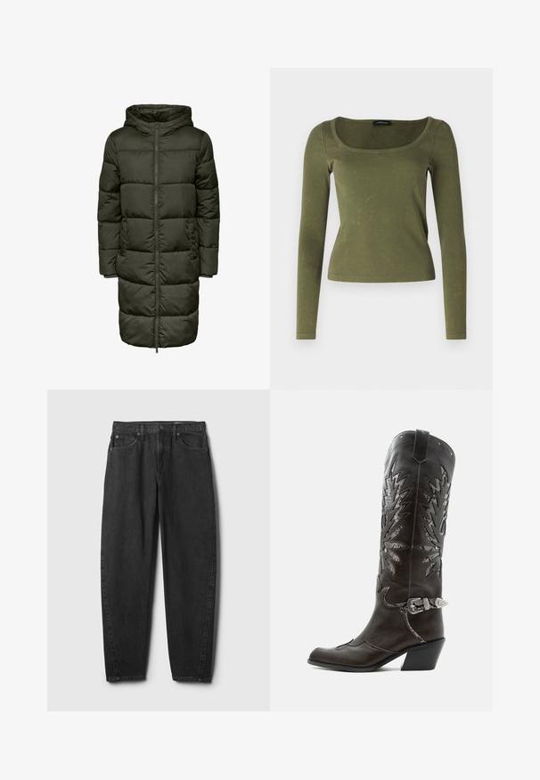 Puffer-Langjacke in Dunkelgrün, mit Kapuze, Reißverschluss und elastischen Bündchen. Hergestellt aus isolierendem Material, das Wärme und Komfort bietet.; Olivenfarbene Langarmbluse aus geripptem Stoff, mit einem quadratischen Ausschnitt und taillierter Passform. Auffällige Textur mit dezenten Mustern.; Schwarze Jeans aus Denim mit geradem Beinverlauf, ausgestattet mit fünf Taschen, einem Knopfverschluss und dezenten Ziernähten. Klassisches Design und Textur.; Schwarzer Leder-Cowboystiefel mit dekorativen Ausschnitten, silberner Schnalle und schräger Ferse, auf weißem Hintergrund dargestellt.