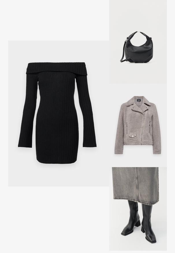Hallide kuretekk grey faux fur jakk, millel on krae, lukuga eesmine osa, kaks küljetaskut ja üks rinnatasku. Omab tihedat istuvust ja tekstuurset pinda.; Must mustriba kudum varrukatega, õlgadelt avatud kaelusega, keha lähedal istuv sobivus ja tekstureeritud kangas. Minimalistlik disain, nähtavad kinnitused puuduvad.; Mustad põlvini nahast saapad, millel on ruudukujuline varvas ja klotsikontsa. Kandmisel halli teksaseelikut, mille serv on frakreebriga.; Mustast punutud nahast käekott lühikese sangaga ja eemaldatava õlarihmaga, esitatud lameda heleda tausta ees.