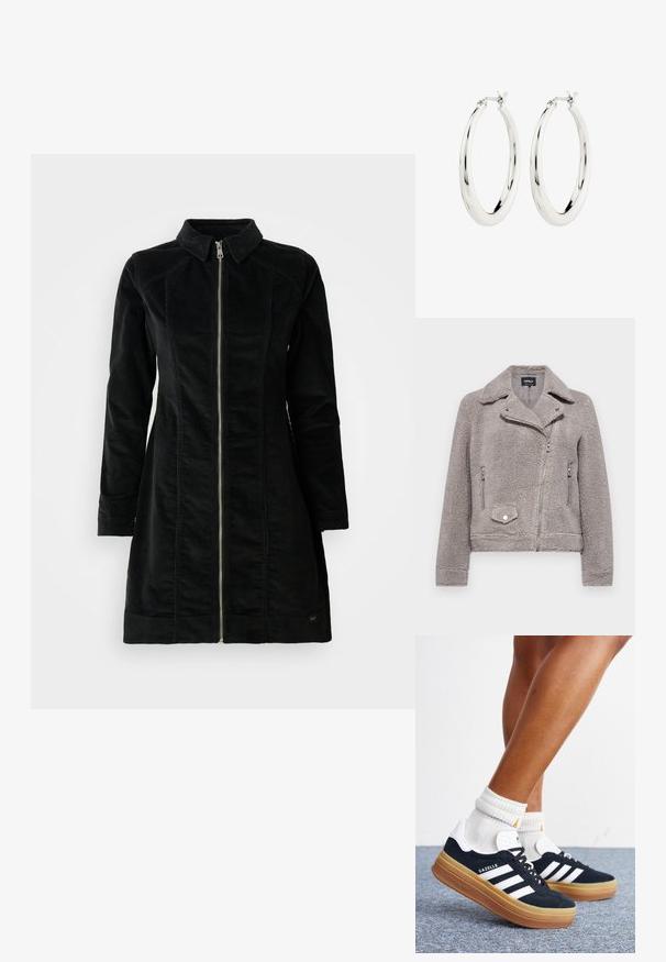Graue Kunstfelljacke mit Kragen, Reißverschluss vorne, zwei Seitentaschen und einer Brusttasche. Sie hat eine enganliegende Passform und eine strukturierte Oberfläche.; Schwarze Cordjacke mit hohem Kragen, langen Ärmeln und einem Frontreißverschluss, gerader Schnitt und minimalistisches Design.; Beine mit weißen Socken und schwarzen Adidas Gazelle Sneakers mit weißen Streifen und dicken braunen Sohlen auf einem grauen Teppichboden.; Silberne Creolen mit einer glatten, glänzenden Oberfläche. Kreisform, ausgestattet mit einem sicheren Verschluss. Einfaches und elegantes Design.