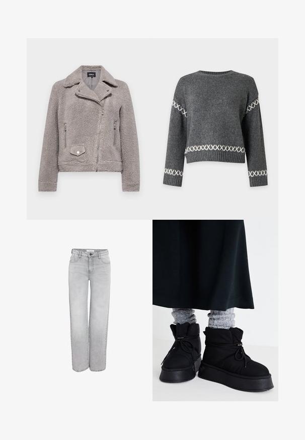 Grå faux fur jakke med krave, lynlås foran, to sidelommer og en brystlomme. Har en tætsiddende pasform og struktureret overflade.; Mørkegrå strikket sweater med hvide korssting mønstre på ærmerne og nær taljen, med rund halsudskæring og ribstrikkede ærmegab og kant.; Lys grå lige ben jeans med frontlommer, bæltestropper og knaplukning, præsenteret mod en hvid baggrund.; Sorte, puffede ankelstøvler med flade såler, snørebånd og fremtrædende stikninger. Bæret med grå ribbede sokker, der stikker frem, sammen med en mørk nederdel.