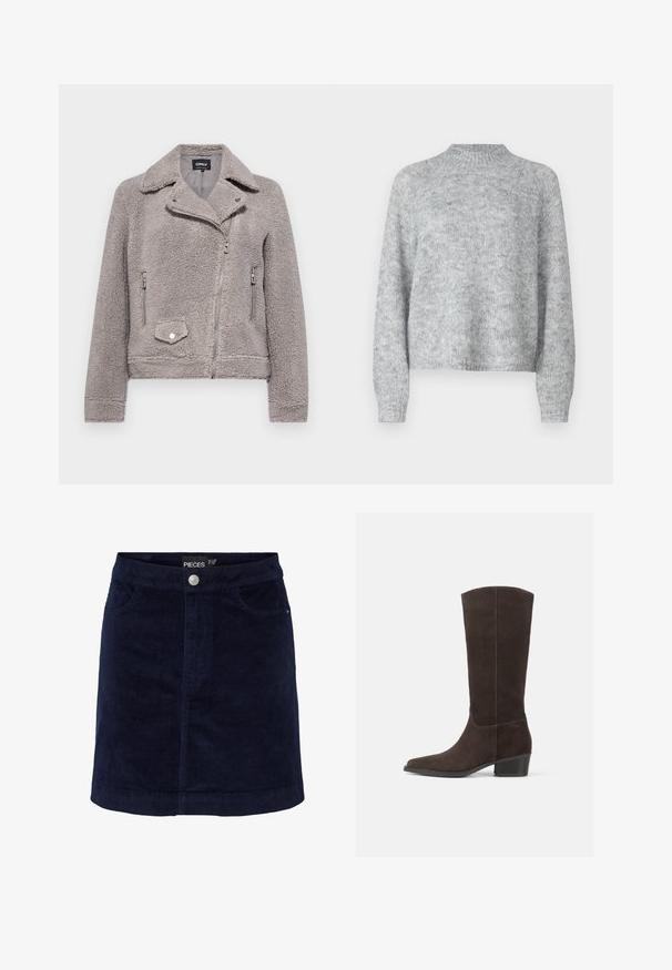 Chaqueta de pelaje sintético gris con cuello, cierre frontal de cremallera, dos bolsillos laterales y un bolsillo en el pecho. Presenta un ajuste ceñido y una superficie texturizada.; Suéter gris claro con cuello alto, mangas largas y un corte holgado. Hecho de un tejido de punto texturizado con variaciones sutiles en el color.; Minifalda de pana en color náutico con una ligera forma de A, que cuenta con un cierre de botones en la parte delantera y dos bolsillos delanteros. Textura suave con nervios visibles.; Bota de ante marrón oscuro hasta la rodilla con punta cuadrada, textura suave y un tacón corto apilado, que presenta un diseño minimalista y líneas limpias.