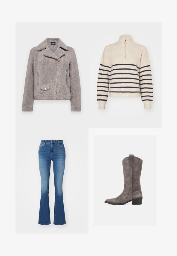 Graue Kunstfelljacke mit Kragen, Reißverschluss vorne, zwei Seitentaschen und einer Brusttasche. Sie hat eine enganliegende Passform und eine strukturierte Oberfläche.; Beige Pullover mit navyblauen horizontalen Streifen, hohem Kragen und halbem Reißverschluss. Hergestellt aus einem strukturierten Strickstoff, mit gerippten Bündchen.; Hochtaillierte, ausgestellte Jeans aus hellblauem Denim mit glatter Oberfläche, einem Reißverschluss mit Knopf und zwei Vorderentaschen.; Grauer Wildleder-Westernstiefel bis zur Mitte der Wade mit spitzer Spitze, Zuglasche und niedrigem Blockabsatz auf weißem Hintergrund.