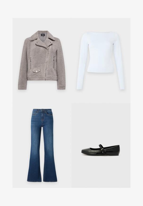 Hallide kuretekk grey faux fur jakk, millel on krae, lukuga eesmine osa, kaks küljetaskut ja üks rinnatasku. Omab tihedat istuvust ja tekstuurset pinda.; Pikkade varrukatega, helesinine liibuv pluus, millel on paadi kaelus ja lihtne, puhas disain, ühel tasasel taustal.; Laiendatud denimipüksid, mis on valmistatud keskmise kaaluga puuvillast materjalist, omavad sügavat sinist värvust, kontrastset õmblust ja traditsioonilist viie-tasku disaini.; Musthave musta nahast balletkingad ümmarguse varbaga, lame tald ja õhuke reguleeritav rihm üle jala, millel on metallist pandla.