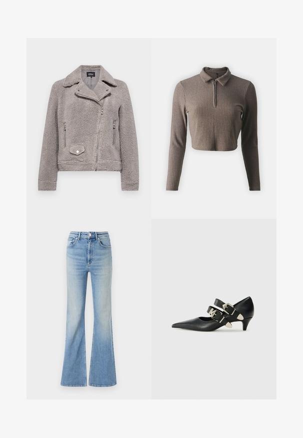 Hallide kuretekk grey faux fur jakk, millel on krae, lukuga eesmine osa, kaks küljetaskut ja üks rinnatasku. Omab tihedat istuvust ja tekstuurset pinda.; ONLY Petite ONLNELLA HALF ZIP - Pikkade varrukatega topp - carafe; Heledad sinine flared teksapüksid, millel on kõrge vöökoht, viie tasku disain ja peen gradiseeruv hägusus alates hemist.; Replay CECILE DOUBLE - Klassikalised kontsakingad - black