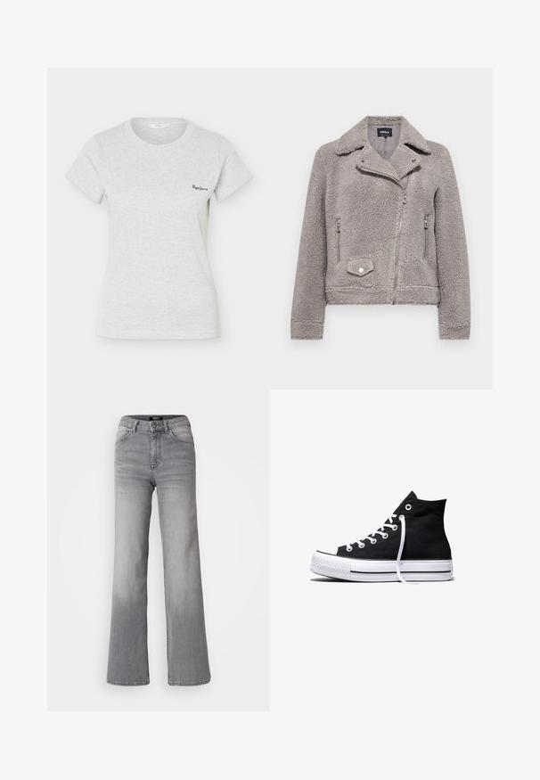 Chaqueta de pelaje sintético gris con cuello, cierre frontal de cremallera, dos bolsillos laterales y un bolsillo en el pecho. Presenta un ajuste ceñido y una superficie texturizada.; Camiseta de manga corta de color gris claro con tejido acanalado, cuello redondo y pequeño logo negro de "Pepe Jeans" en el lado izquierdo del pecho.; Vaqueros de mezclilla gris de pernera recta y cintura alta, con botón y cremallera frontales, bolsillos delanteros y traseros, y efectos de desvanecimiento en los muslos y las pantorrillas.; Zapatilla alta de lona negra con suela de goma blanca y cordones blancos, vista de lado sobre un fondo blanco.