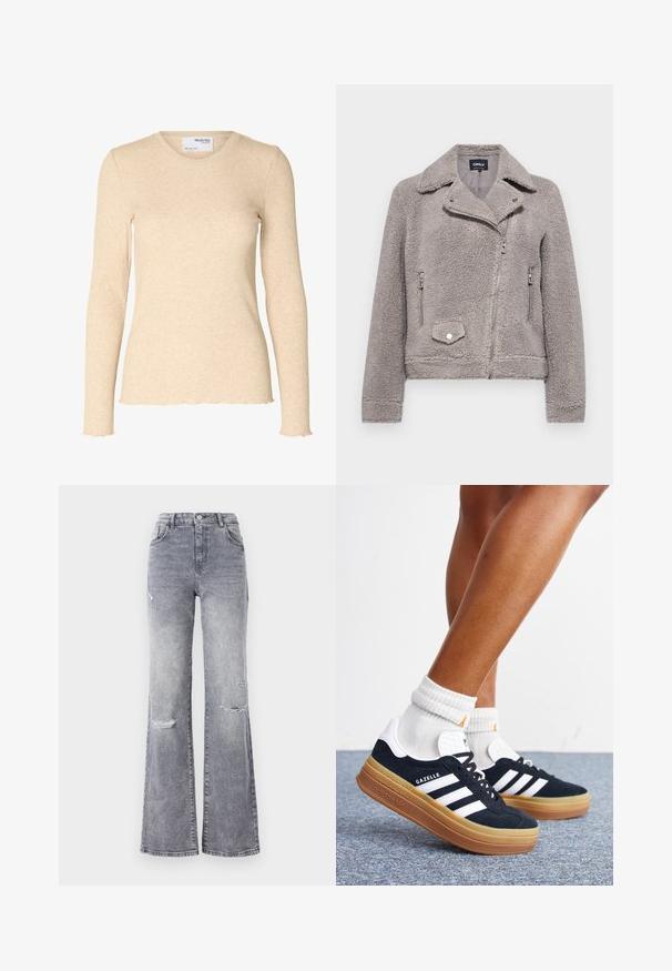 Grijze nepbont jas met een kraag, ritssluiting aan de voorkant, twee zijzakken en één borstzak. Kenmerkt zich door een aansluitende pasvorm en een gestructureerd oppervlak.; Beige geribbelde gebreide top met lange mouwen, ronde halslijn en subtiele golvende randen aan manchetten en zoom.; Hoge taille grijze denim jeans met een uitlopende pijp, voorzien van versleten details op de knieën, een klassieke vijf-pocket ontwerp en ton-sur-ton stiksels.; Ben met witte sokken en zwarte Adidas Gazelle sneakers met witte strepen en dikke bruine zolen op een grijs tapijt.