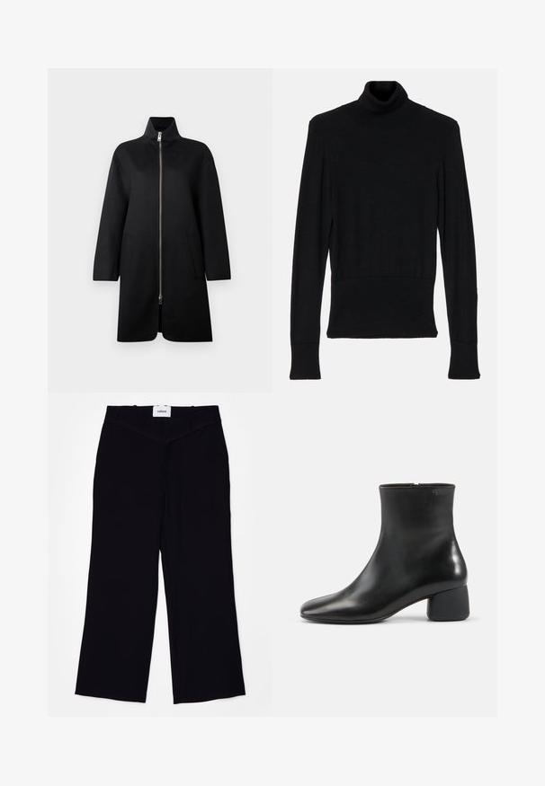 Manteau zippé noir avec un col haut, en tissu doux. Il possède deux poches avant et une coupe ample et droite. Texture lisse.; AERON TENDER LONG SLEEVED - Pullover - black; Pantalons larges noirs en tissu lisse. Dotés d'une taille plate avec passants de ceinture et d'une finition soignée aux ourlets.; Bottine en cuir noir avec bout carré arrondi, fermeture éclair latérale et talon bas épais sur fond clair uni.