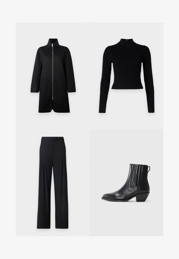 Sort zip-up frakke med høj krave, lavet af blødt stof. Har to forlommer og en løs, lige pasform. Glat tekstur.; Sort ribbet turtleneck sweater med lange ærmer og en tætsiddende silhuet, der har en glat overflade og en lynlåsdetalje på ryggen.; Sorte bredde benbukser med flad front, folder og en skræddersyet talje. Lavet af glat, letvægtsstof.; Sort læderstøvle til anklen med elastiske sidepaneler, spids tå og blokhæl. Glat tekstur og strømlinet design fremhæver dens moderne stil.
