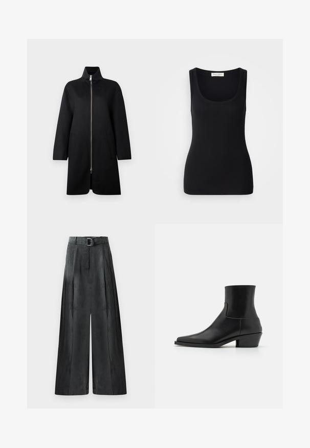 Manteau zippé noir avec un col haut, en tissu doux. Il possède deux poches avant et une coupe ample et droite. Texture lisse.; Débardeur noir côtelé avec un col rond, de larges bretelles et une coupe ajustée. Étiquette à l'arrière indiquant "Marc O'Polo".; Pantalons à jambes larges gris foncé, avec une texture lisse, des plis et une ceinture avec une boucle en métal argenté à la taille haute.; Bottine en cuir noir avec un bout carré, finition mate et un petit talon carré. Présente un design lisse et épuré sans ornements.