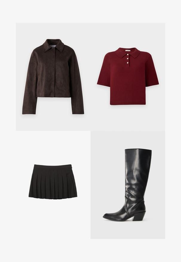 Brun cropped jakke i ruskind med krave, lange ærmer og lynlås foran. Sidelommer forøger den praktiske funktion.; Burgunderrød strikket polo-shirt med korte ærmer, en klassisk krave og fire knaplukninger med runde hvide knapper.; Sort plisseret mininederdel med taljebånd og lynlås i siden, vist på en hvid baggrund.; Sorte læder knæhøje støvler med spids tå, vinklet hæl og glat tekstur. Funktioner en subtil syning langs siden.