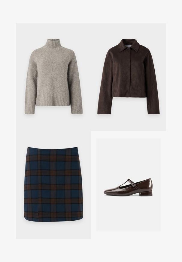 Braune Wildleder-Cropped-Jacke mit Kragen, langen Ärmeln und einem durchgehenden Reißverschluss vorne. Seitentaschen erhöhen die praktische Gestaltung.; Hellgrauer Rollkragensweater aus weichem, strukturiertem Stoff. Verfügt über gerippte Bündchen und Saum, mit lockerer Passform und minimalistischem Design.; Marineblaue karierte Minirock mit braunen und grauen Linien, aus einem glatten Stoff, mit einem subtilen Schlitz hinten für mehr Bewegungsfreiheit.; Braune Mary-Jane-Schuhe aus Lackleder mit abgerundetem Zehenbereich, Cut-out-Design und verstellbarem Riemen. Niedriger Blockabsatz.