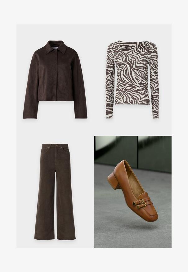 Brun cropped jakke i ruskind med krave, lange ærmer og lynlås foran. Sidelommer forøger den praktiske funktion.; Langærmet bluse i brun og off-white med et zebra-stribet mønster. Glat tekstur og tætsiddende pasform med bred halsudskæring.; Mørkebrune bredbenede corduroybukser med frontlommer, bæltestropper og en knaplukning i taljen.; Brun læder højhælet sko med firkantet tå, der har to dekorative stropper og guldfarvede metaldele. Glat tekstur, minimalistisk design.