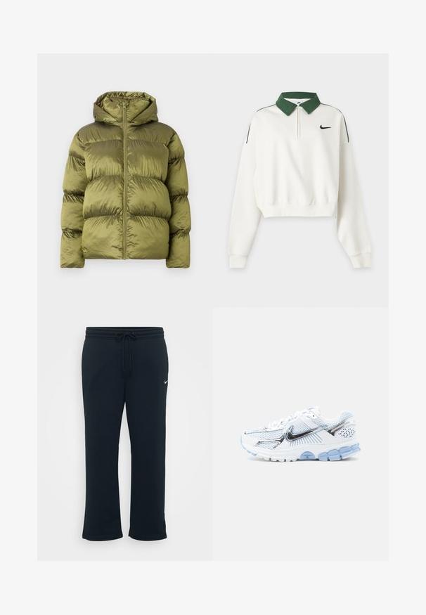 Olivgrüne Daunenjacke mit Kapuze, mit einem Reißverschluss vorne, horizontaler Steppung und einem leichten Glanz im strukturierten Stoff.; Weißes, kurz geschnittenes Sweatshirt mit langen Ärmeln, grünem Kragen, Frontreißverschluss, schwarzem Nike Swoosh-Logo auf der Brust und grünen Schulterstreifen.; Schwarze Jogginghose mit elastischem Bund und verstellbarem Kordelzug. Mit kleinem weißen Nike-Logo auf der linken Seite. Weicher Stoff.; Weißer und hellblauer Sportschuh mit Mesh-Paneelen, reflektierenden silbernen Akzenten, dicker gepolsterter Sohle und schwarzem Swoosh-Logo an der Seite.