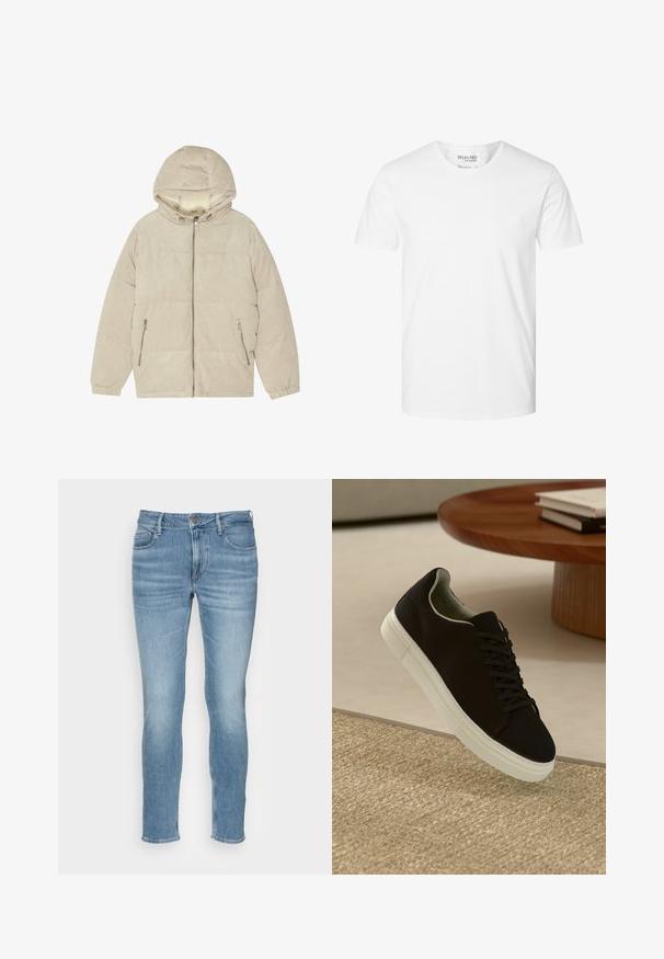 Beige Cord-Pufferjacke mit Kapuze, Reißverschluss vorne und Seitentaschen. Verfügt über eine gerippte Textur und elastische Bündchen für Wärme.; Schlichtes weißes Kurzarm-T-Shirt mit Rundhalsausschnitt aus Bio-Baumwolle, Marke Selected Homme, Größe Large.; Hellblaue Denim-Jeans mit mittelhohem Bund, schlanker Passform, fünf Taschen-Design und dezentem Verblassen des Stoffs. Mit einem Reißverschluss.; Schwarze Sneakers mit weißer Sohle, die über einem beige strukturierten Teppich schweben, in der Nähe eines runden Holztisches mit gestapelten Büchern.