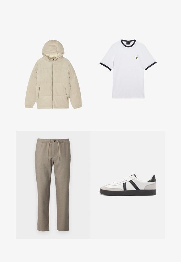Beige manchester-pufferjakke med hætte, lynlås foran og sidelommer. Har ribbet tekstur og elastiske manchetter for varme.; Hvid bomulds t-shirt med marineblå ribstrikket krave og ærmekanter. Har en lille gul broderet logo på brystet.; Beige bukser med elastisk talje, snor til lukning og lige ben. Materialet har en subtil tekstur.; Hvide sneakers med sorte og grå detaljer, med en tekstureret grå tåhætte, sort gummisål og flade hvide snørebånd. Rent design, minimalistisk stil.
