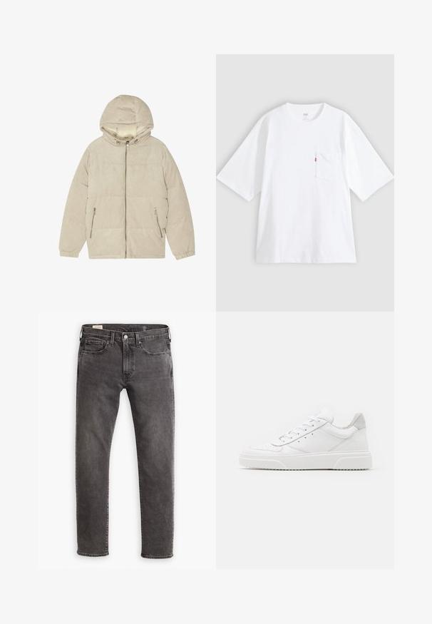 Beige manchester-pufferjakke med hætte, lynlås foran og sidelommer. Har ribbet tekstur og elastiske manchetter for varme.; Hvid bomulds-T-shirt med korte ærmer, rund hals og lomme på venstre bryst. Har en lille rød logoetiket på lommen.; Grå denimjeans med lige pasform, fem-lomme design og knaplukning. Har subtil falmning og tonalt syning over hele. ; Hvide lædersneakers med en glat finish, rund tå, flade snørebånd og en struktureret sål. Grå ruskindsdetalje ved hælen.