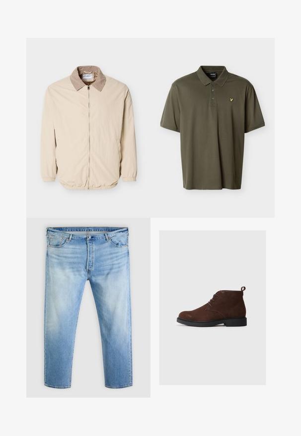 Veste beige légère avec un col légèrement plus foncé, une fermeture éclair à l'avant, des poignets élastiques, et deux poches latérales.; Polo vert olive à manches courtes avec trois boutons et petit logo brodé d'un oiseau jaune sur la poitrine gauche.; Jean en denim bleu clair avec détails délavés, fermeture frontale par bouton et fermeture éclair, passants pour ceinture et design à cinq poches.; Bottines en suède marron avec un bout arrondi, un design à lacets et un petit talon. Équipées d'une boucle à l'arrière pour un enfilage facile.